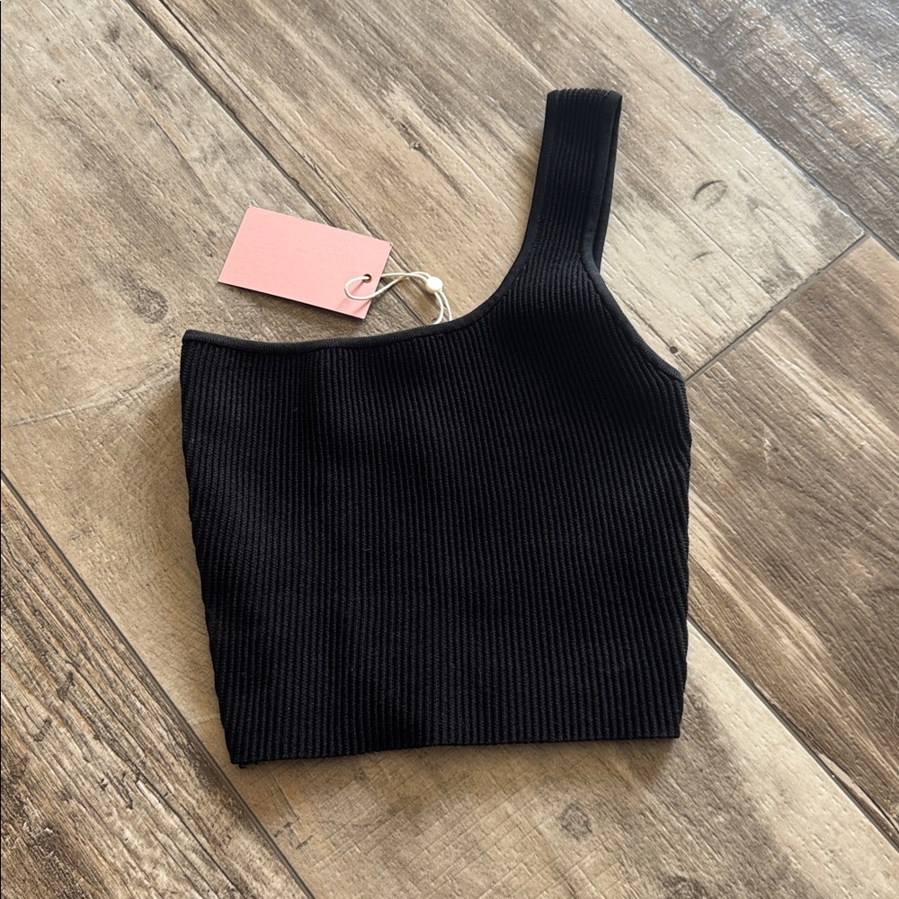 Quince one shoulder black ribbed crop top